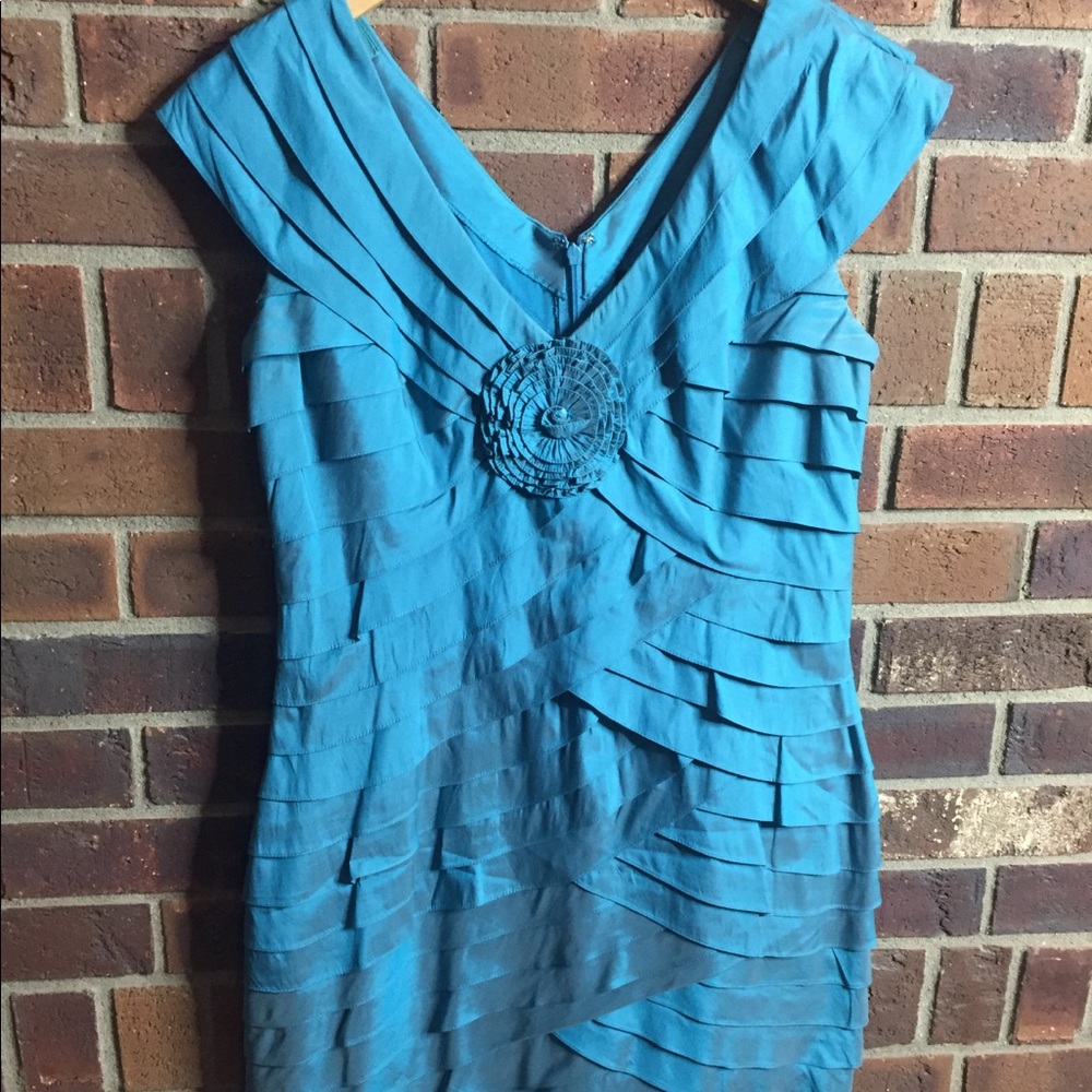 Adrianna Papell aqua iridescent cocktail dress